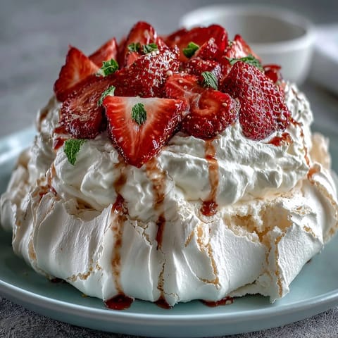 Elegant dessert of golden-brown pavlova topped with clouds of whipped cream and vibrant red strawberries, ideal for elegant dinner parties.