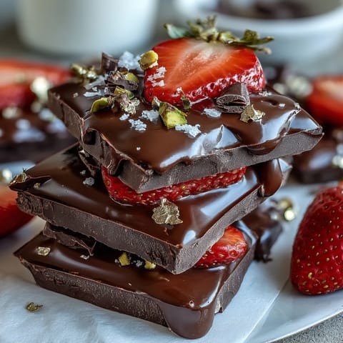 Decadent Viral Dubai Chocolate Strawberry Bark with juicy berries and crunchy pistachios on swirled dark and white chocolate.