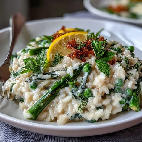 A creamy spring risotto with fresh peas, mint, and Parmesan, served in a shallow bowl with a sprinkle of lemon zest.