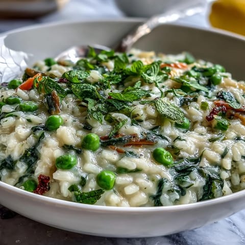 Vibrant green pea and mint risotto, finished with Parmesan and parsley, perfect for an elegant vegetarian dinner.
