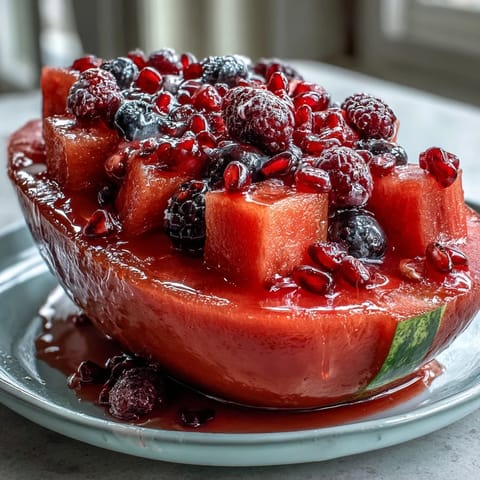 A vibrant watermelon carving board overflowing with fresh berries and mint, ideal for festive gatherings.