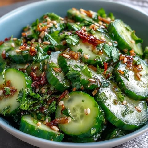 Crispy Asian cucumber salad with sesame and rice vinegar dressing, a light and tangy vegan side dish.