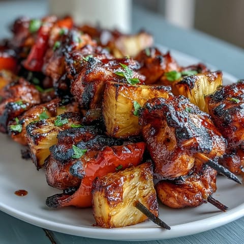 Grilled Pineapple Chicken Skewers with juicy marinated chicken and caramelized pineapple on the grill.  