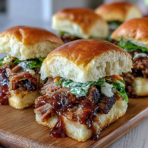 Smoky BBQ brisket sliders with tangy slaw on soft buns, perfect for baby showers or game day gatherings.