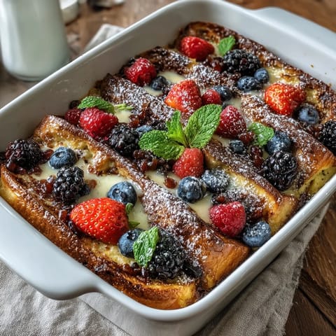 Fluffy pancake casserole layered with fresh berries and creamy custard, perfect for a festive Mothers Day brunch.  