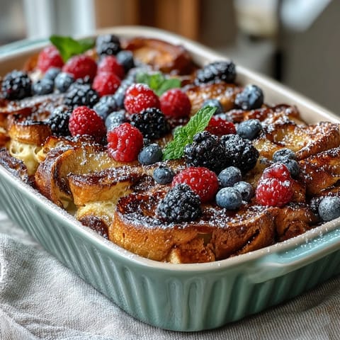 Golden-baked pancake casserole with juicy berries, creamy custard, and a dusting of powdered sugar for a special Mothers Day breakfast.  