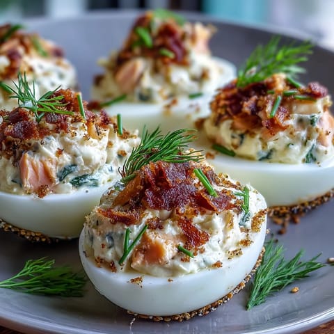 Smoked salmon deviled eggs topped with everything bagel seasoning, creamy and savory with fresh dill.