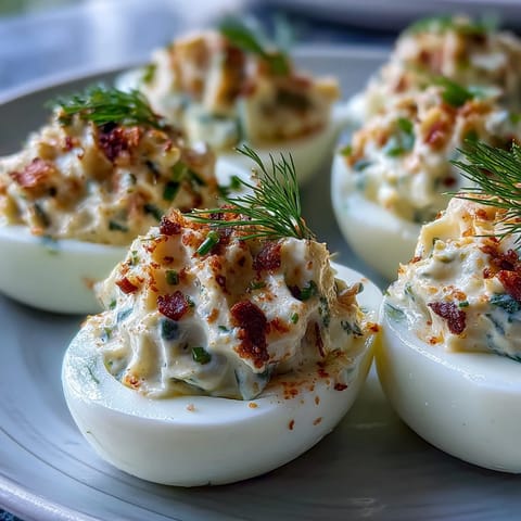 Deviled eggs filled with smoked salmon and chive mixture, finished with a sprinkle of everything seasoning.