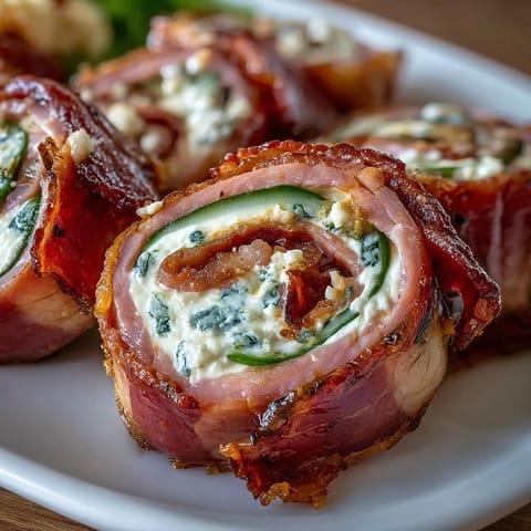 Savory ham, cream cheese, and pickle pinwheels arranged on a white platter, perfect for parties or quick snacks.