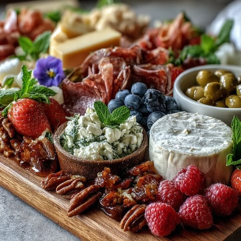 Vibrant Spring Charcuterie Board with Edible Flowers and Fruits, showcasing colorful cured meats, cheeses, and fresh berries for a festive spread.