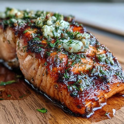Cedar Plank Salmon with Garlic Dill, perfectly grilled on aromatic cedar for a smoky, herb-infused flavor.