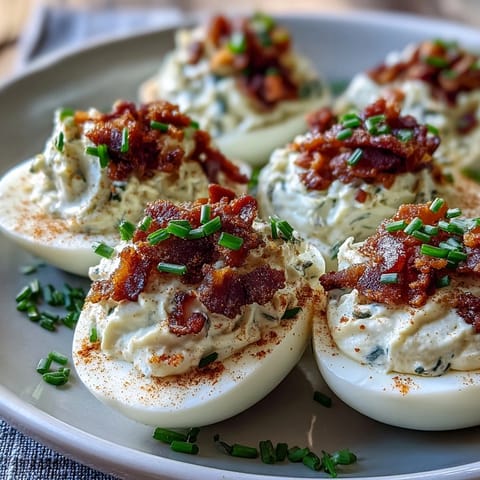 Bacon Ranch Deviled Eggs with crispy bacon crumbles and fresh chives on a white serving platter.  