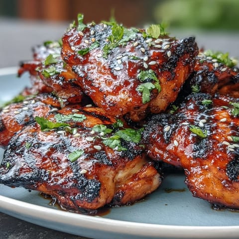 Honey sriracha grilled chicken thighs sizzling on a barbecue, caramelized and juicy with a sweet-spicy glaze.  