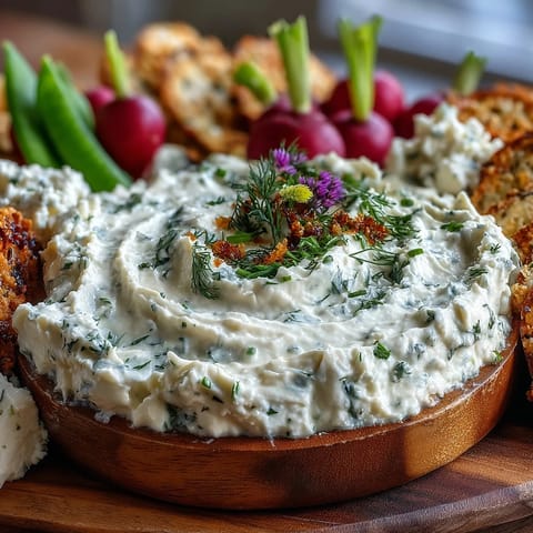 Vibrant spring charcuterie board with radishes and fresh herb dip.