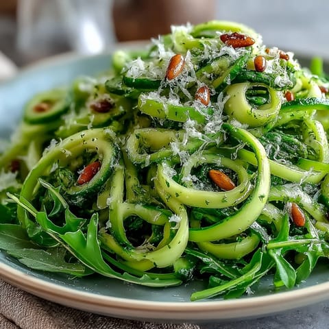 Fresh shaved asparagus salad with lemon and Parmesan, tossed with arugula and topped with toasted pine nuts for crunch.