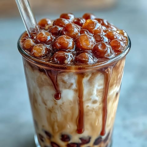 Creamy, classic Brown Sugar Boba Milk Tea, artfully layered as a delightful beverage.