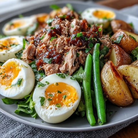 Vibrant Spring Niçoise Salad with tender tuna, crisp vegetables, and soft-boiled eggs.