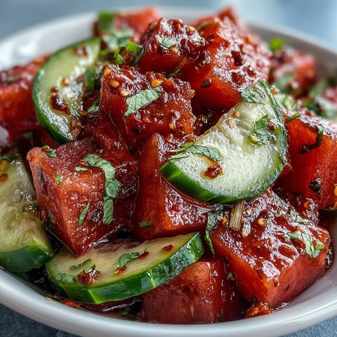 Vibrant watermelon cucumber salad with Tajin and lime, bursting flavor.
