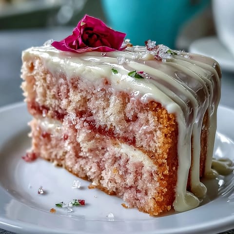 Elegant pink velvet cake infused with rosé wine, topped with shimmering gold drip and delicate rose petals.  