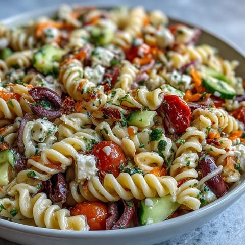 Colorful Memorial Day Pasta Salad with crisp veggies and zesty Italian dressing.