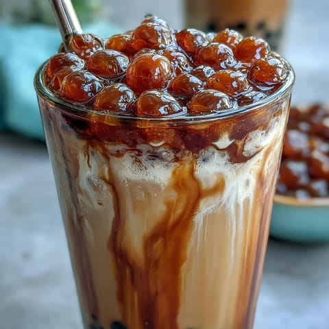 Brown Sugar Boba Milk Tea with glistening chewy pearls and luxurious caramel syrup swirls.