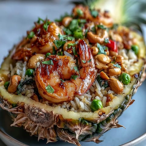 Vibrant pineapple fried rice overflowing from a hollowed pineapple, a tropical delight.