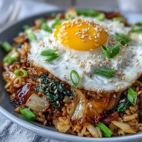 Savory kimchi fried rice bowl, bursting with vibrant flavors and topped with fresh garnishes.
