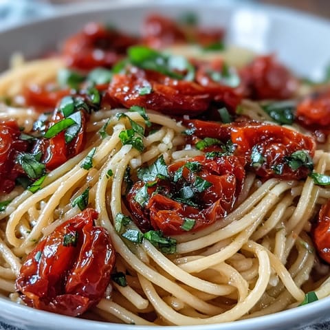 Overflowing bowl of pasta with slow-roasted cherry tomatoes, glistening garlic oil, perfect summer meal.