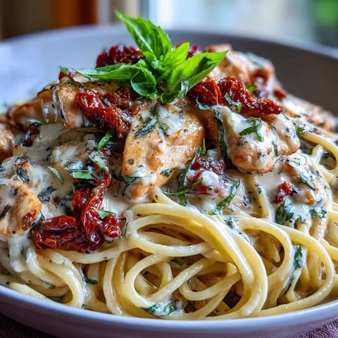 Creamy Marry Me Chicken Pasta, topped with fresh basil and rich sun-dried tomatoes.