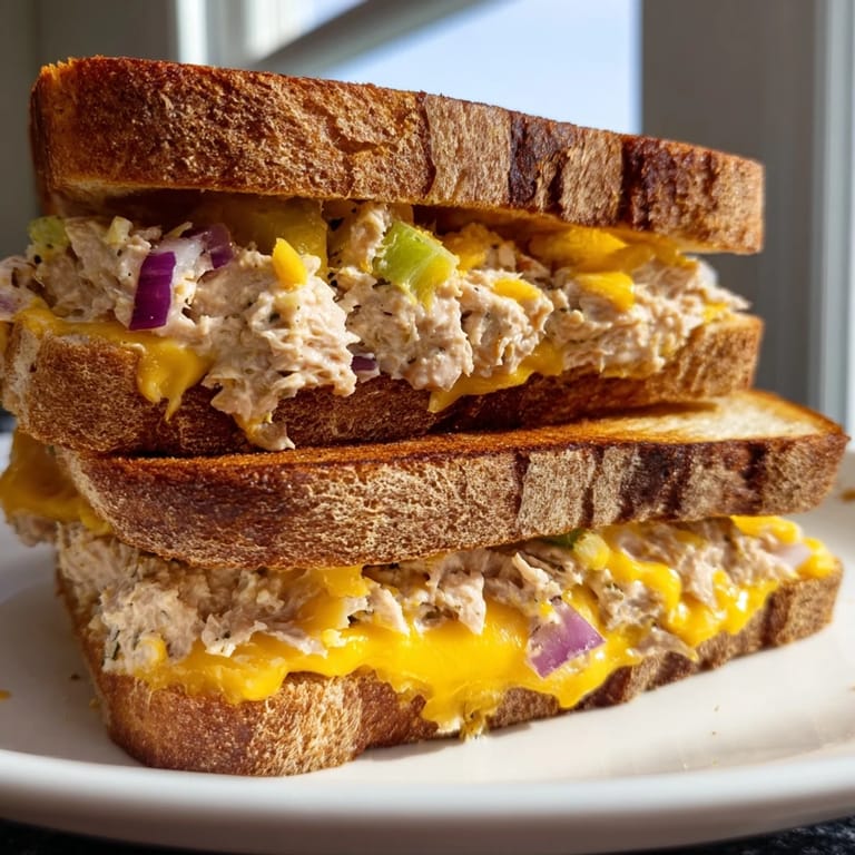 Crispy-edged, comforting Classic Tuna Melt Sandwich; imagine the flavorful tuna and cheese inside!