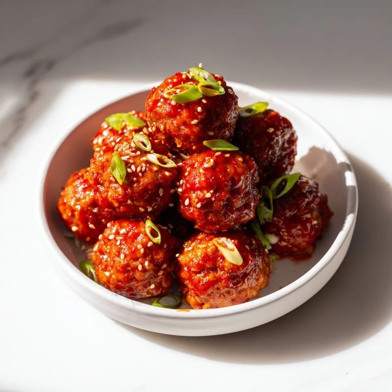 Close-up of golden-brown Spicy Sriracha Honey Meatballs, glistening in a sweet and spicy sauce.