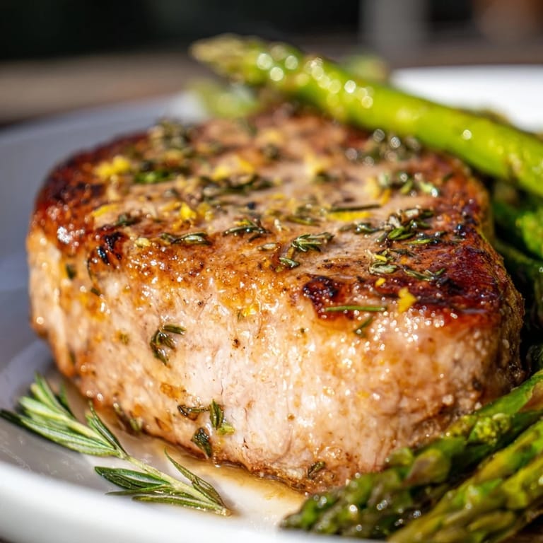 Freshly cooked One-Pan Lemon Herb Pork Chops, with bright lemon slices and tender asparagus for serving.