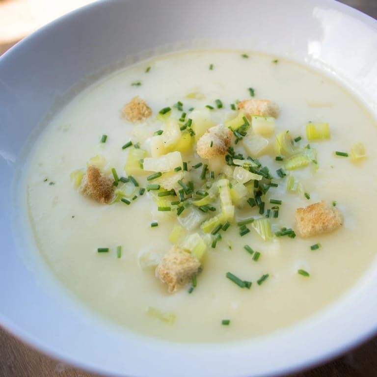 Thick, comforting Quick & Simple Potato and Leek Soup, ready to eat with crusty bread on the side.