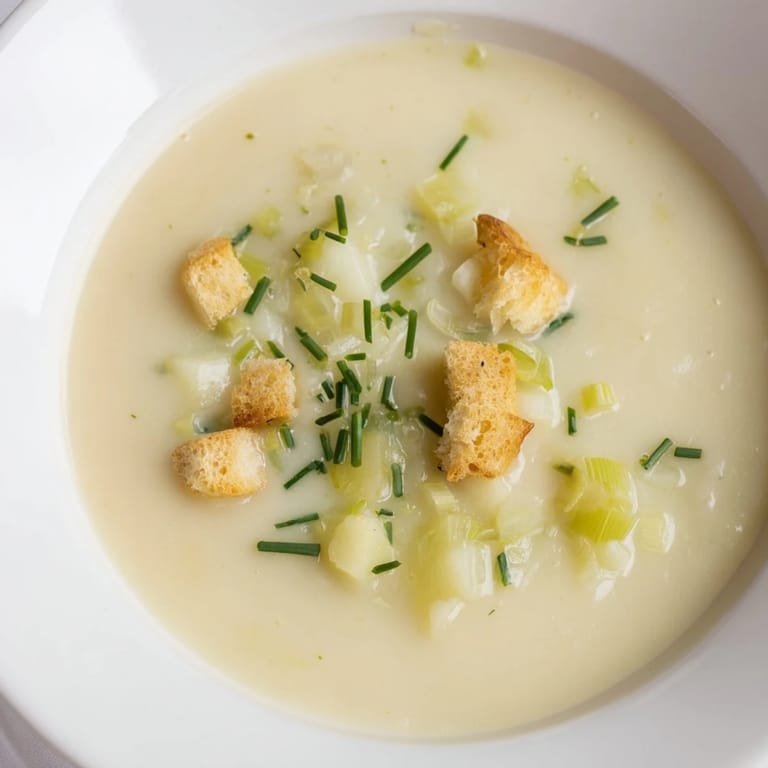 A creamy, golden pot of Quick & Simple Potato and Leek Soup, perfect for a cozy, gluten-free vegetarian dinner.