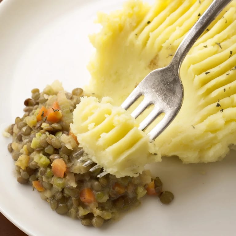 This delicious Hearty Lentil Shepherds Pie features a creamy mashed potato crust over flavorful lentils.