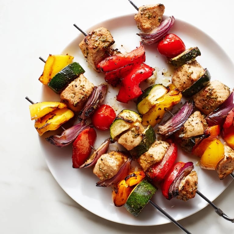 Perfectly cooked Chicken and Veggie Skewers with colorful peppers and tomatoes, a healthy, delicious dinner option.