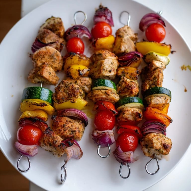 Skewered chicken and vegetables, marinated and grilled; imagine the savory aroma of these fantastic Chicken and Veggie Skewers.