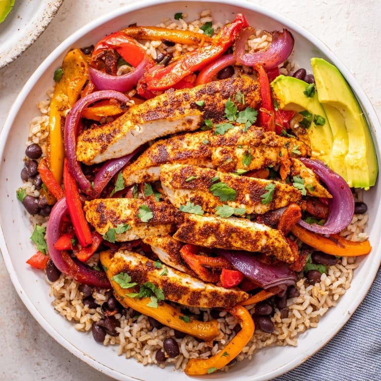 Healthy Make-Ahead Chicken Fajita Meal Prep Bowls feature savory grilled chicken and vibrant toppings, perfect packed lunches.
