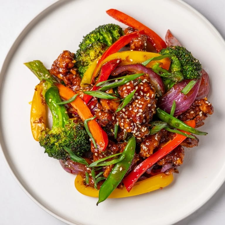 A close-up of delicious Sheet Pan Chicken Stir-Fry, ready to serve over fluffy white rice.