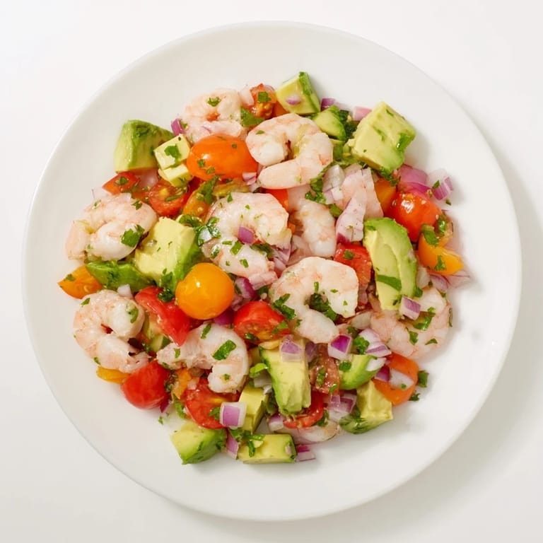 This delicious light & fresh shrimp ceviche shows plump shrimp in a bright, zesty citrus marinade, served chilled.