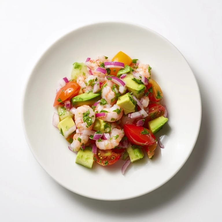 Freshly assembled light & fresh shrimp ceviche, bursting with flavorful ingredients for a light, healthy meal.