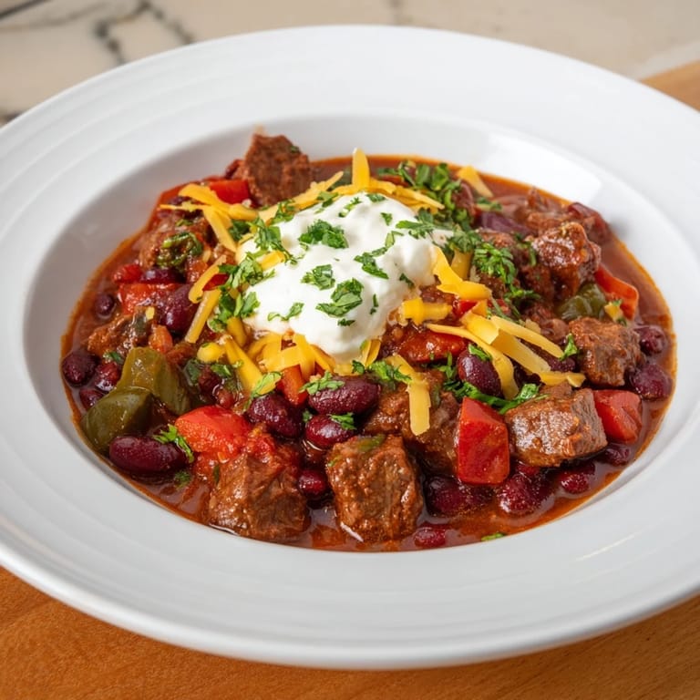 Close-up of hearty Winter Warming Chili con Carne, showcasing the dark, savory sauce and beans.