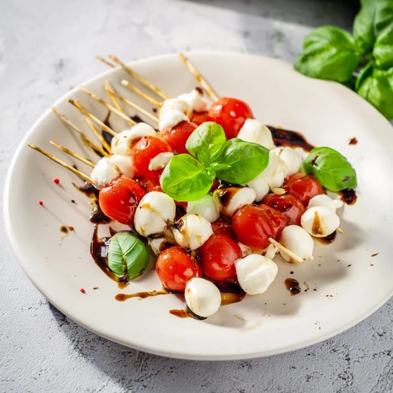 A close-up of Fresh Caprese Salad Skewers, showing the bright red tomatoes and creamy cheese.