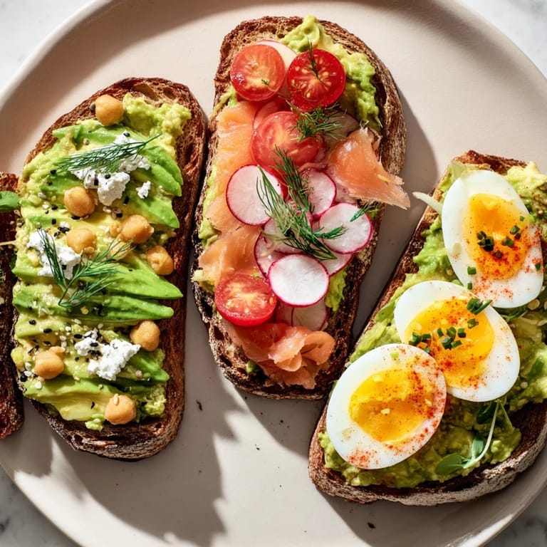 Enjoy a platter of colorful avocado toast, ideal for a quick brunch or a light lunch.