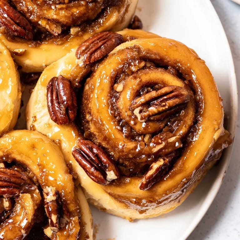Indulgent view of homemade Pecan and Honey Sticky Buns, perfect for a cozy weekend brunch or dessert.