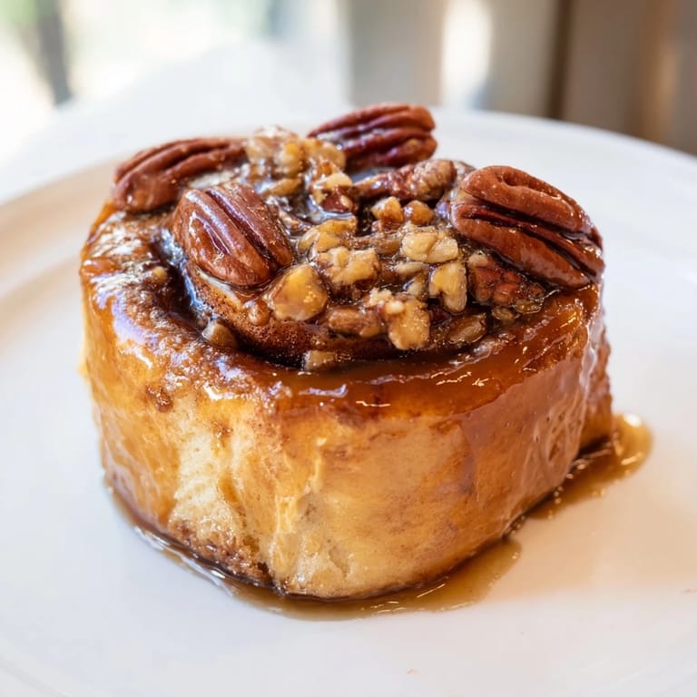A close-up of warm, soft Pecan and Honey Sticky Buns, served with pecans and a rich, sweet sauce.