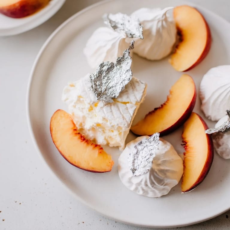 A beautiful top-down shot shows a Pearly Gates cheese board, adorned with white peaches and edible silver.
