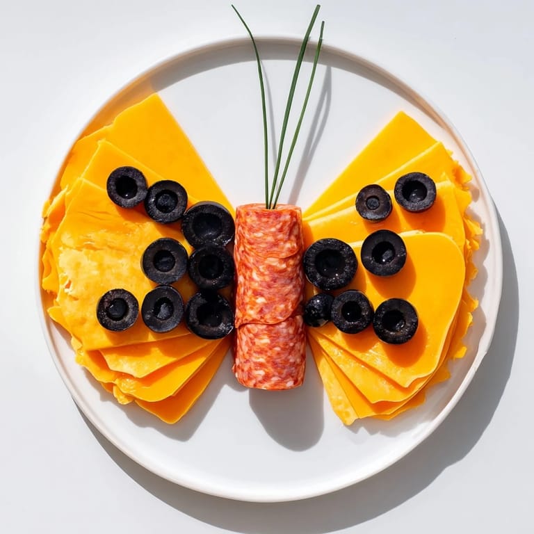 A beautiful platter showcases The Butterfly Migration, a whimsical appetizer with a salami body.