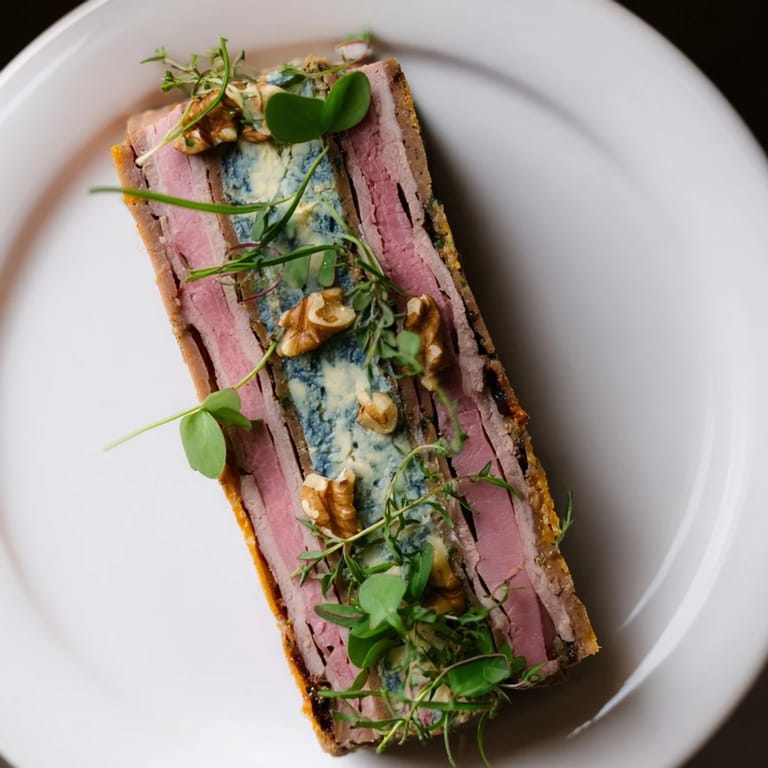 The Grand Canyon Rim recipe presents a beautiful, savory terrine with a colorful, intricate meat design.