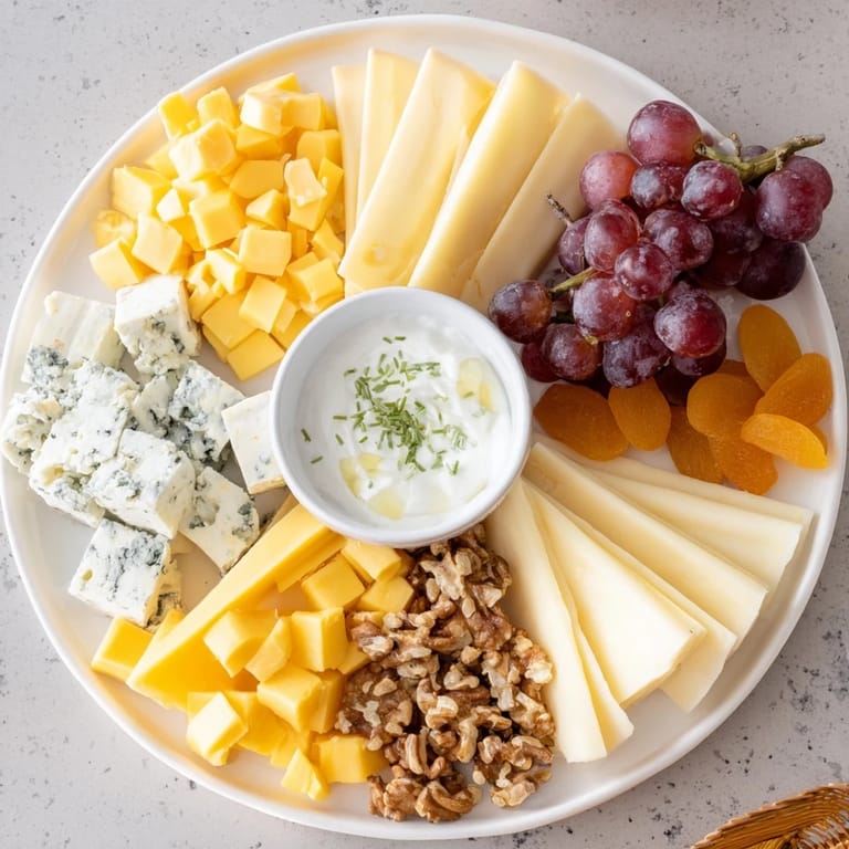 Enjoy this elegant Celtic Cross Cheese Platter, offering a beautiful arrangement of cheeses, fruits, and nuts.